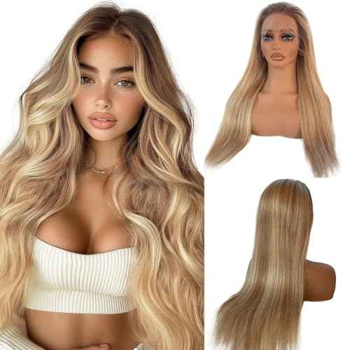 Munx Highlight Ombre Ash Blonde Lace Front Wigs for White Women, 13X4 Lace Frontal Human Hair Wig Brown Mixed Blonde Colored Glueless Pre Plucked Long Wigs with Tiny Knots 24in