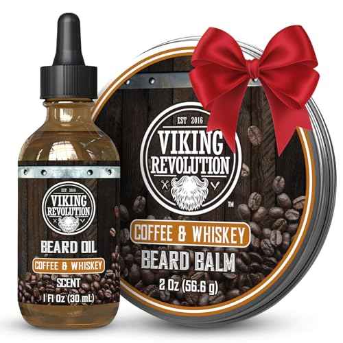 Viking Revolution Coffee and Whiskey Beard Balm for Men (2oz) and Beard Oil (1 fl oz) Kit - With Argan and Jojoba Oils - Soften and Moisturize - Stocking Stuffers for Men