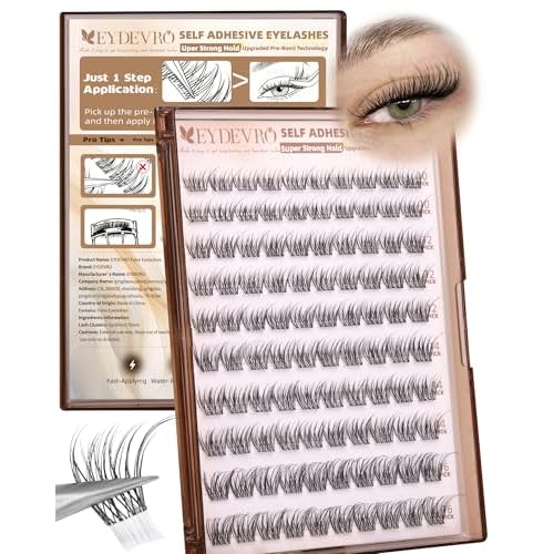 EYDEVRO Natural Self Adhesive Eyelashes Wispy Self Adhesive Lash Clusters No Glue Needed Eyelash Clusters Pre-glued Individual Lashes Up-graded 3.0 Self Adheisive Strip Strong Hold for 48+ Hours