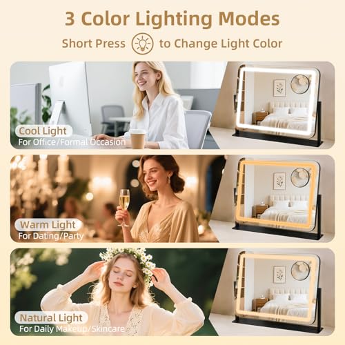 GioeDa Lighted Makeup Vanity Mirror 22x17 with 10X Magnification, Dimmable Color Lighting, Touch Control, 360° Rotation, Black