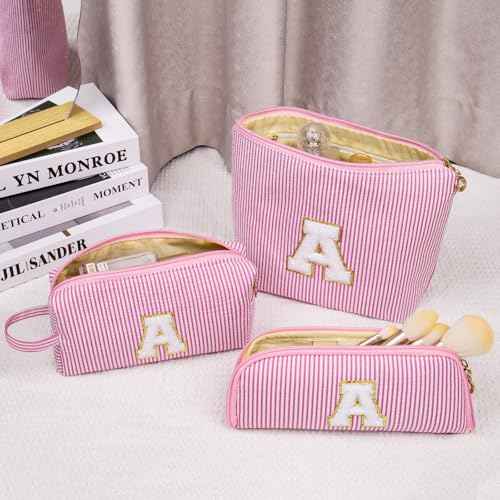 Initials Makeup Bag Set, Personalized Pink Cosmetic Bag, Cute Large Make up Bags, Travel Toiletry Bag for Women Girl Gifts M (Pink)