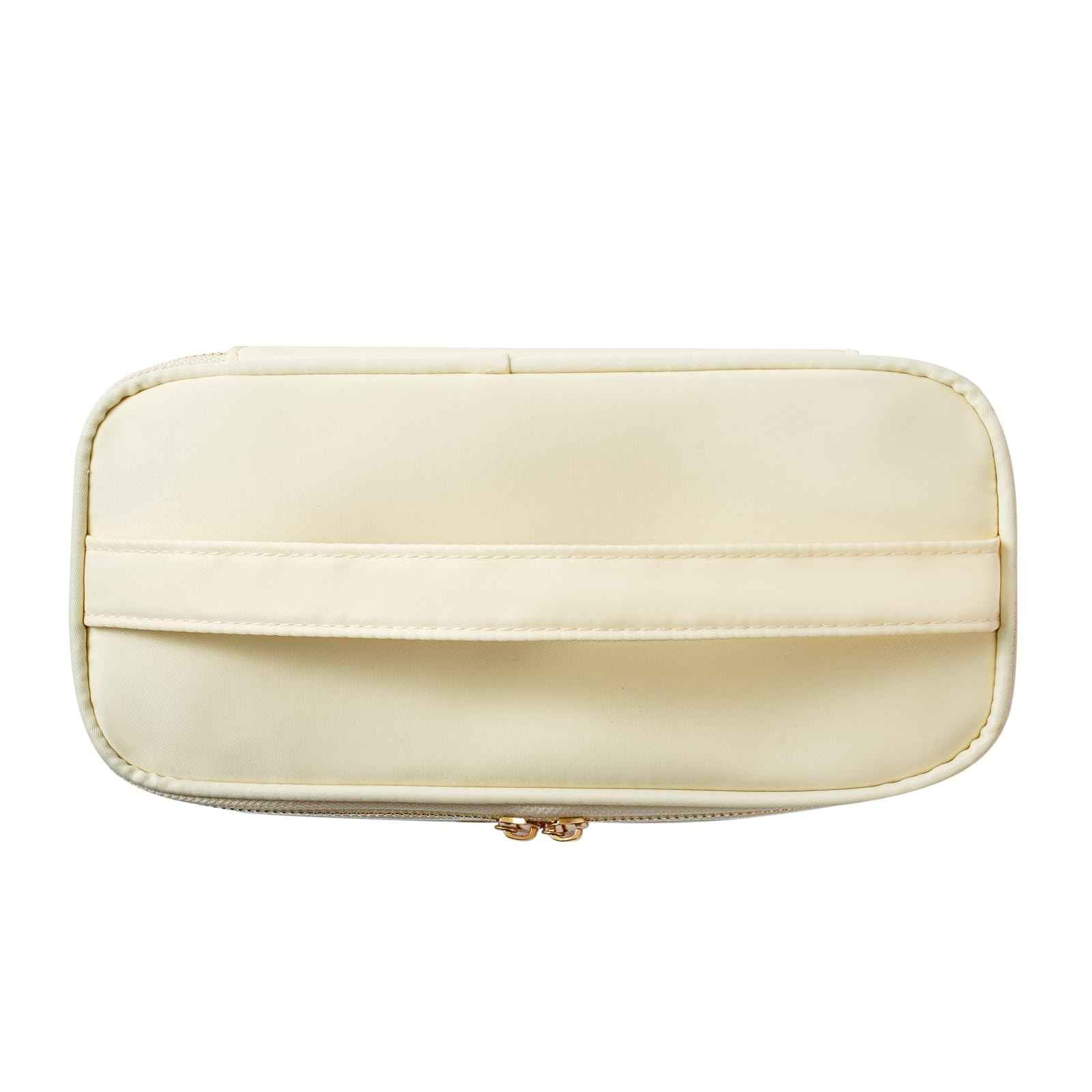 RSRSLEII Clear Waterproof Summer SPF Makeup Bag，Aesthetic Transparent Letter Patch Cosmetic Bag with Metal Zipper, Preppy Sunscreen Accessories Storage Organization, Beach Travel Purse(02SPF Beige)