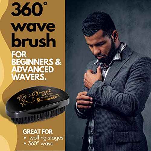 Ocean View Pomade with Wooden Palm Brush for Men - Medium Firm Bristles for 540 and 720 Waves, Contoured for Control with Thumb Indentations