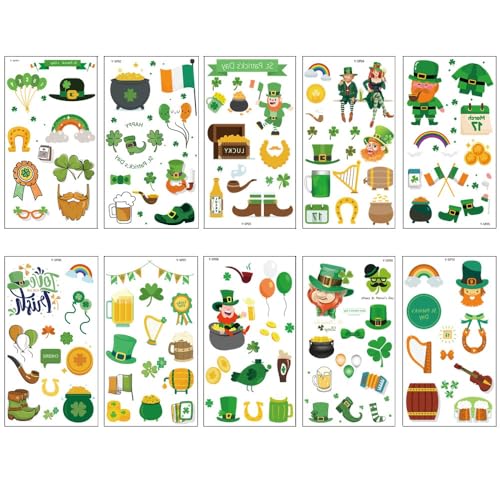 Sevgob St Patrick's Day Temporary Tattoos - 10 Sheets Waterproof Shamrock & Lucky Clover Stickers for Women