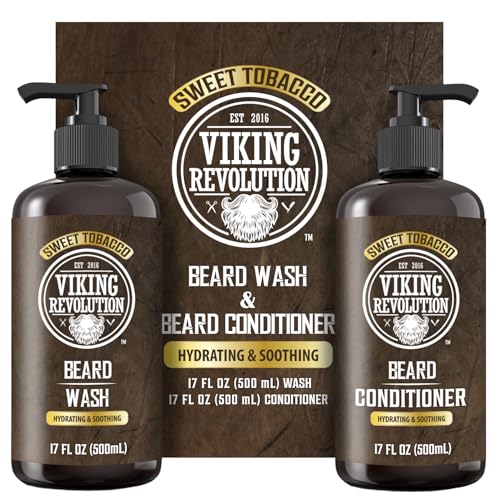 Viking Revolution Beard Wash and Beard Conditioner for Men with Argan Oil and Jojoba Oil - Beard Softener and Strengthener Beard Care Beard Shampoo and Conditioner with Beard Oil (17oz, Sweet Tobacco)