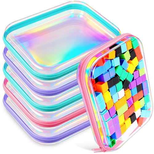 Sanwuta 6 Pcs Clear Hard Zipper Case Plastic Zipper Pouches Transparent Makeup Bag Pencil Case Pouches Toiletry Diaper Bag for Travel Toy Storage Organizer Bins(Holographic,9.84 x 7.87 x 2 Inch)