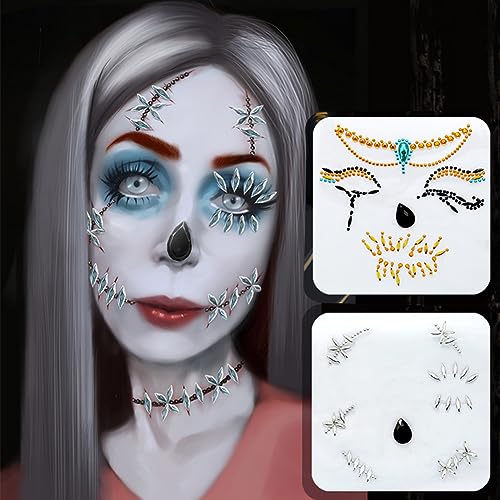The Ghost Bride Skeleton Face Gems Jewels Halloween Temporary Face Tattoos Rhinestone Day of the Dead, Crystals Catrina Face Gems Stick on Halloween Prank Makeup Costume 2-Pack