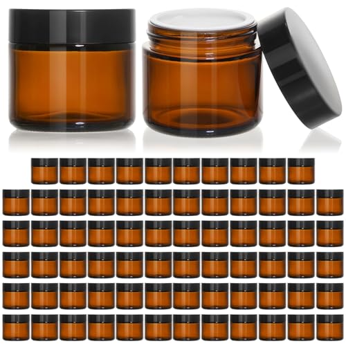 2oz Amber Glass Jars with Black Lids (70 Pack)