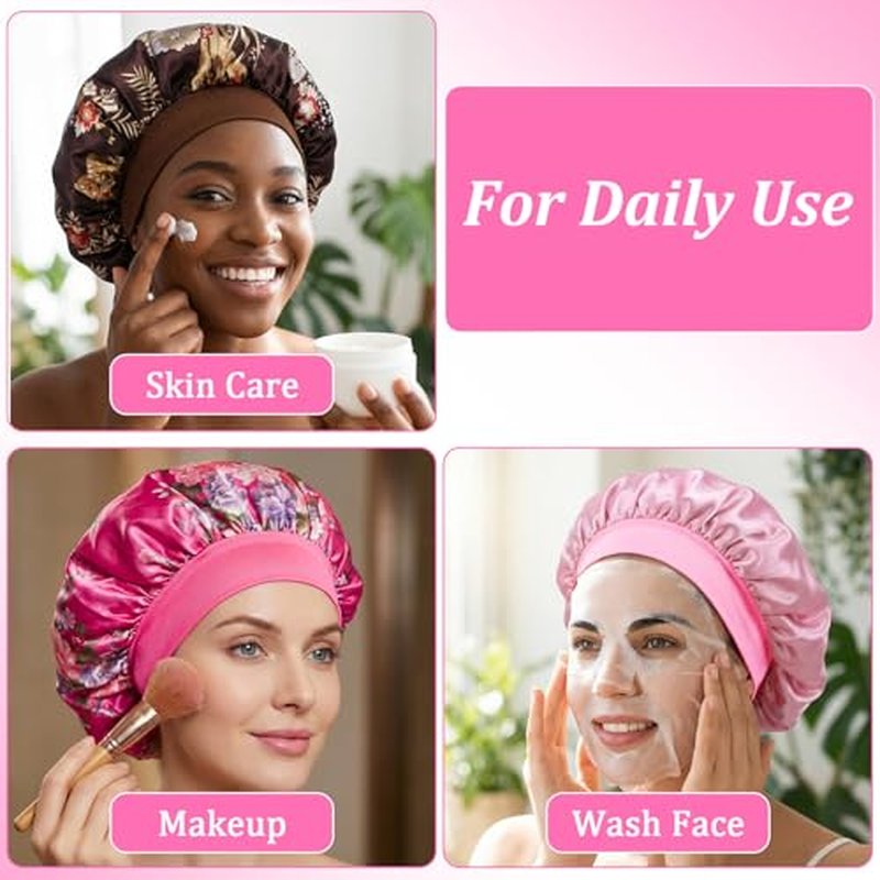 18 Pcs Satin Bonnets for Sleeping, Large Silk Bonnet Wide Band Hair Bonnet Soft Elastic Hair Wrap Cap Silky Shower Cap for Black Women Men Curly Hair (Multicolored D)