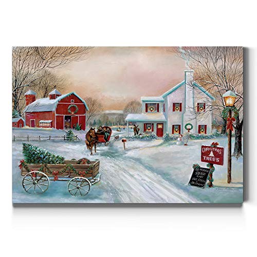 Renditions Gallery Christmas Tree Farm Wall Art, Country Winter Scene with Red Barn, Charming Decorations, Premium Gallery Wrapped Canvas Decor, Ready to Hang, 32 in H x 48 in W, Made in America