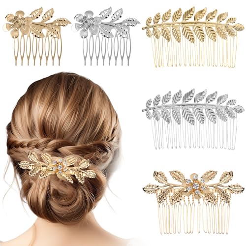 5Pcs Leaf Hair Combs with Rhinestones Gold Silver