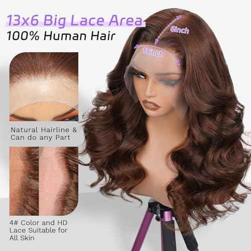 250 Density Body Wave Chocolate Brown Wig, 13x6 Lace Front Wigs Human Hair Pre Plucked, 100% Real Human Hair 4# Brown Wig for Women 26 Inch