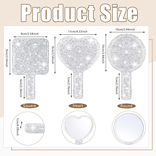 Bucherry 3 Pcs Rhinestone Hand Mirror Heart Shaped Bling Dazzling Hand Held Square Round Shape White Cosmetic Portable Decorative Personal Makeup Mirrors for Women Wedding Gift