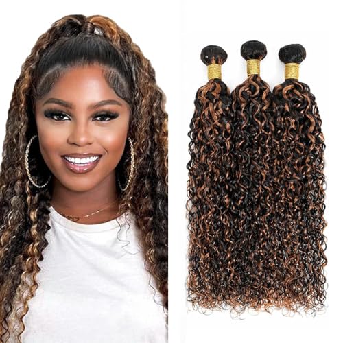 P1B30 Highlight Kinky Curly Human Hair Bundles 3 Pack 24-28 Inch Natural & Ombre