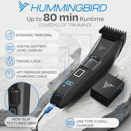HUMMINGBIRD MK14 BeardMaster ? Premium Beard Trimmer for Men, Precision Dial, Adjustable 20 Length Settings, Stainless Steel T-Blade, Cordless USB-C Rechargeable, Waterproof, LED Display, Travel Case