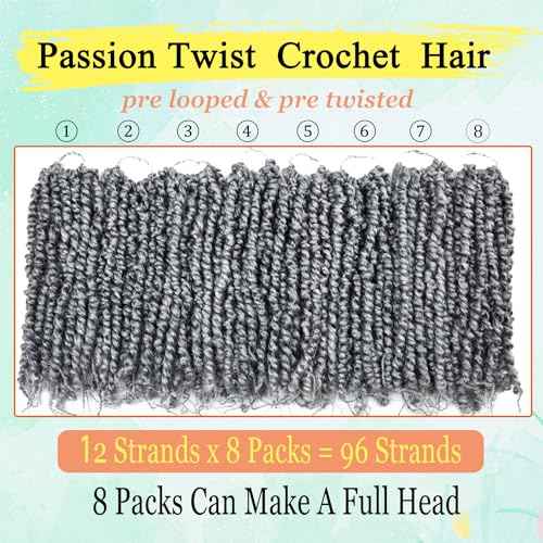 12 Inch Passion Twist Crochet Hair for Black Women 8 Packs Pre-twisted Passion Twists Pre-looped Crochet Braids Hair Bohemian Twists Synthetic Braiding Hair Extensions (12Strands/Pack,TGrey#)