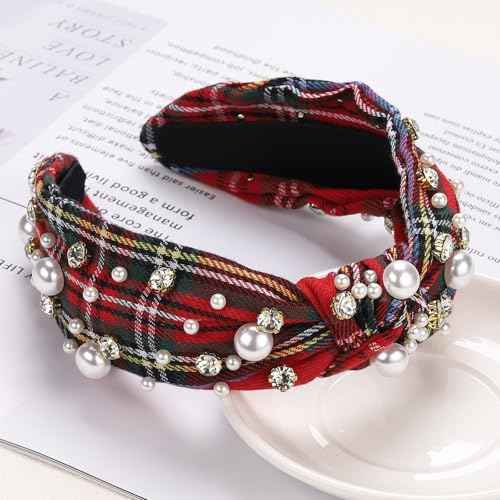 WantGor Pearl Knotted Headband, Women Rhinestone Embellished Hairband Elegant Wide Top Knot Bride Headbands Headpieces Party Fashion Elegant Ladies Hair Band Hair Hoop Accessories (Red Plaid)