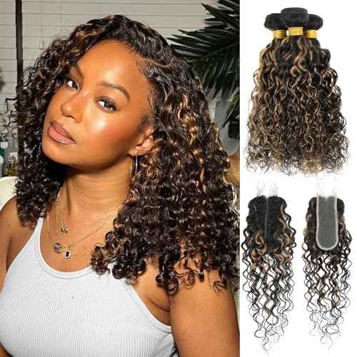 ALHER F1B/27 Black and Blonde Highlight Water Wave Bundles with 2x6 Long Deep Part Lace Closure, 12A Wet n Wavy Bayalage Ombre Colored Bundles with Closure 100% Virgin Remy Human Hair 12 14 16+12 IN