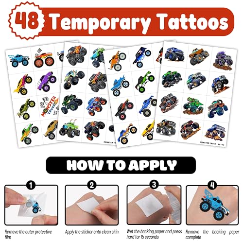 72 PCS Monster Truck Party Favors - 48 PCS Temporary Tattoos & 24 PCS Punch Balloons Combo - Birthday Gifts & Goodie Bag Fillers