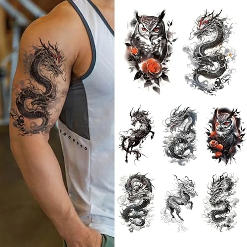 Temporary Tattoo Stickers 8 Pack - Dragon, Owl, Rose Design