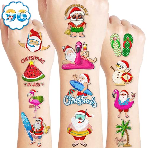 103 PCS Christmas Santa Summer Fun Temporary Tattoos Theme Birthday Party Supplies Favors Decor Decorations Beach Hawaii Hawaiian Xmas Aloha Tattoo Stickers Gifts For Kids Boys Girls School Prizes