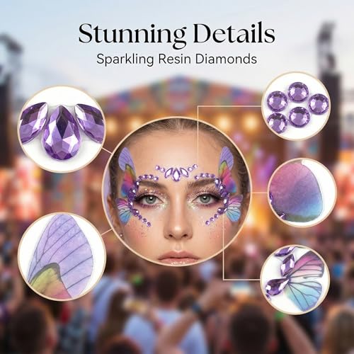 Rhinestone Eye Gems with Fabric Butterflies - Self Adhesive Face Jewels