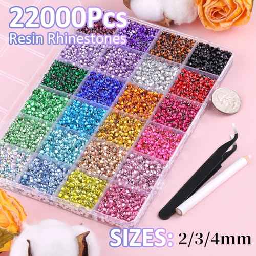 22000Pcs Resin Rhinestones for Bedazzling with Tweezers, Multicolor 2/3/4mm Rhinestones for Crafting with 3Pcs 10ml B7000 Jewelry Glue for DIY Crafts Clothing Tumblers Shoes Fabric Nail Art