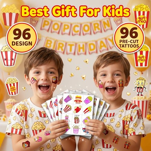 96 PCS Movie Popcorn Temporary Tattoos for Kids