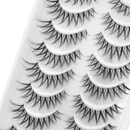 Bluesmurfs False Lashes 3D Cat-Eye Volume Eyelashes Clear Band Lashes Natural Look Faux Mink Invisible Strip Wispy Fake Lashes 10 Pairs