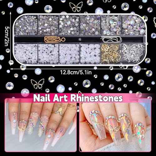 2 Boxes Mixed 3D Nail Charms and Rhinestones, Color Bows Bowknots Flowers Acrylic Nail Art Charms, Flatback Pearl Nail Gems Charms DIY Nail Art Accessories