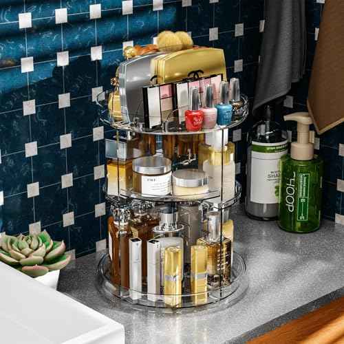 Yieach 360 Rotating Makeup Organizer for Vanity,Clear Spinning organizer and Make up organizers for Counter,Adjustable Lazy Susan Bathroom Organizer for Beauty Product and Skin Care Storage Carousel