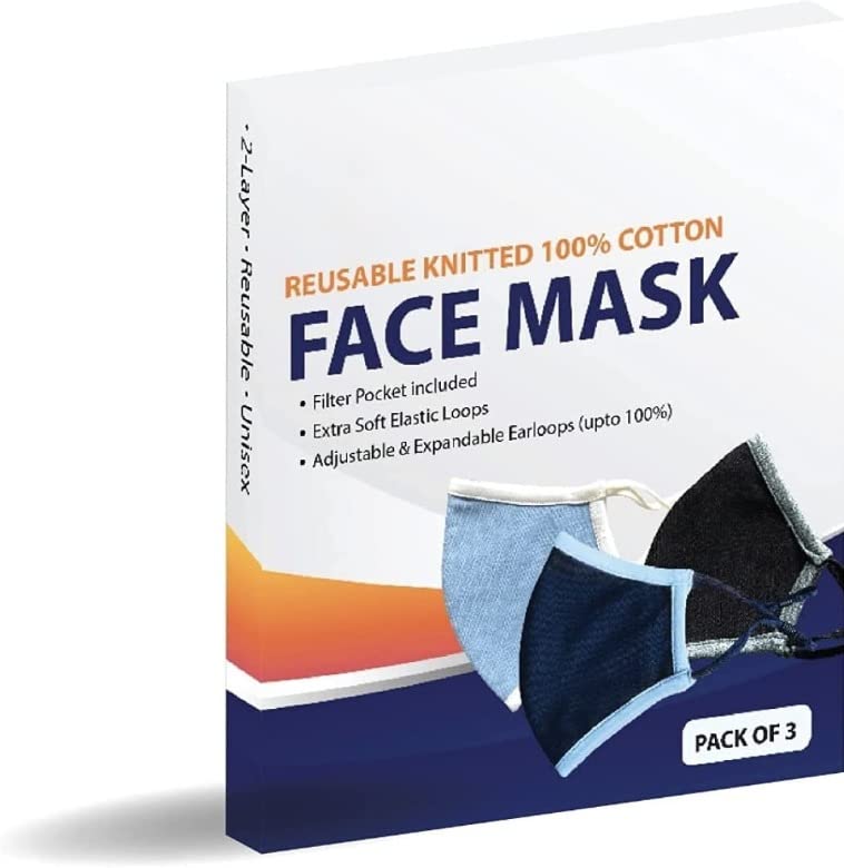 California Wellness Products Face Mask - Reusable 100% Cotton 2 Layer Unisex Face Mask - Pack of 3 (3/Pack - knitted)