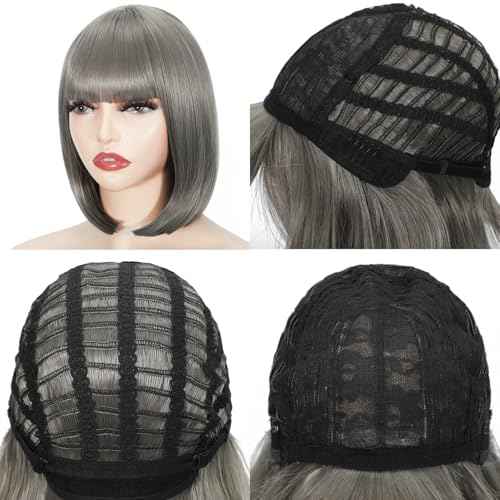Svolna Short Bob Wig with Bangs, Grey Synthetic Straight Hair Wigs for Women, 14 Inch Cosplay Costume Bob Wig (grey#)