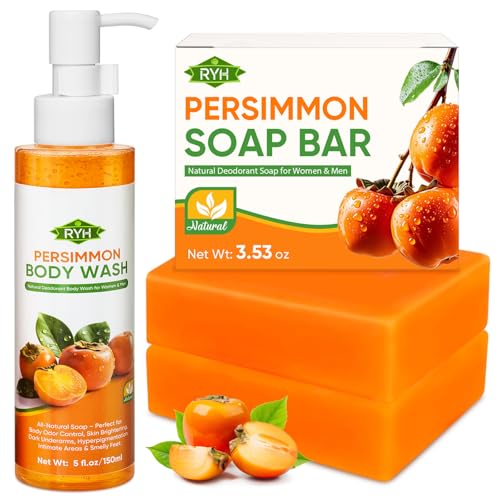 RYH 2 PCS Persimmon Soap Bar and Persimmon Body Wash for Body Odor Control, Natural Deodorant Soap for Old People Smell, Remove Body Odor Shower Gel, Persimmon Bath Soap for Women & Men