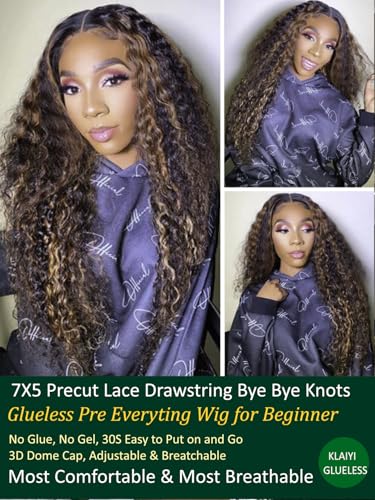 KLAIYI Ombre Brown Water Wave Glueless Wig 26 Inch Human Hair
