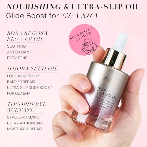 VRAIKO Gua Sha Face Oil Serum | Rosa Rugosa Flower & Jojoba Seed Oil Product | Detox, Plump, Anti-Oxidant, Soothing | Nourish, Cruelty Free, Natural, 1 fl oz