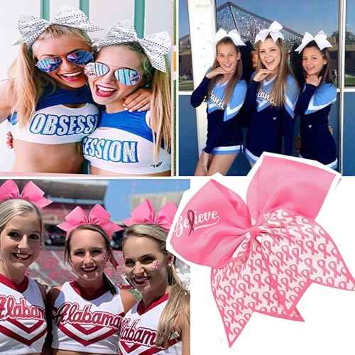 24PCS 7" Large Breast Cancer Awareness Cheer Hair Bows, Glitter Pink Ribbon Bow Ponytail Holder for Cheerleader Girls Cheerleading Hair Accessories Elastic Hair Band for Kids Women (White Pink)