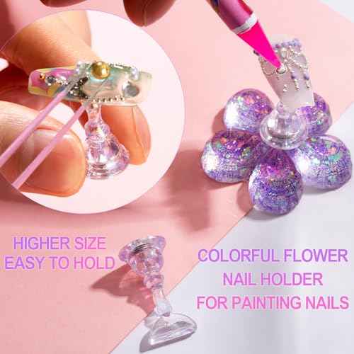 2 Nail Stand for Press Ons, Fake Nail Holder for Painting Nails, Upgrade Solid Acrylic Nail Stands Nail Magnets for Nail Art Design, Flower Nail Holder for Nail Practice Display Supplies W/ Glue Tips