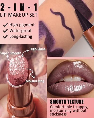 Brown Matte Lip Liner & Nude Glitter Lipstick Combo Set