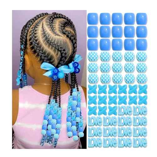 NAISKA 60Pcs Loc Hair Beads Dreadlock Jewelry for Braid Multi Shape Blue Beads Hair Clips Dreadlock Accessories Acrylic Hair Tube Decoration Hair Cuffs Rings for Women and Girls
