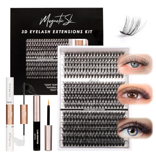 Magnetic SL 320pcs Lash Extensions Kit 40D 50D 100D - DIY False Lash Clusters with Bond+Seal, Remover, Applicator (11-20mm) - Includes 3 Styles