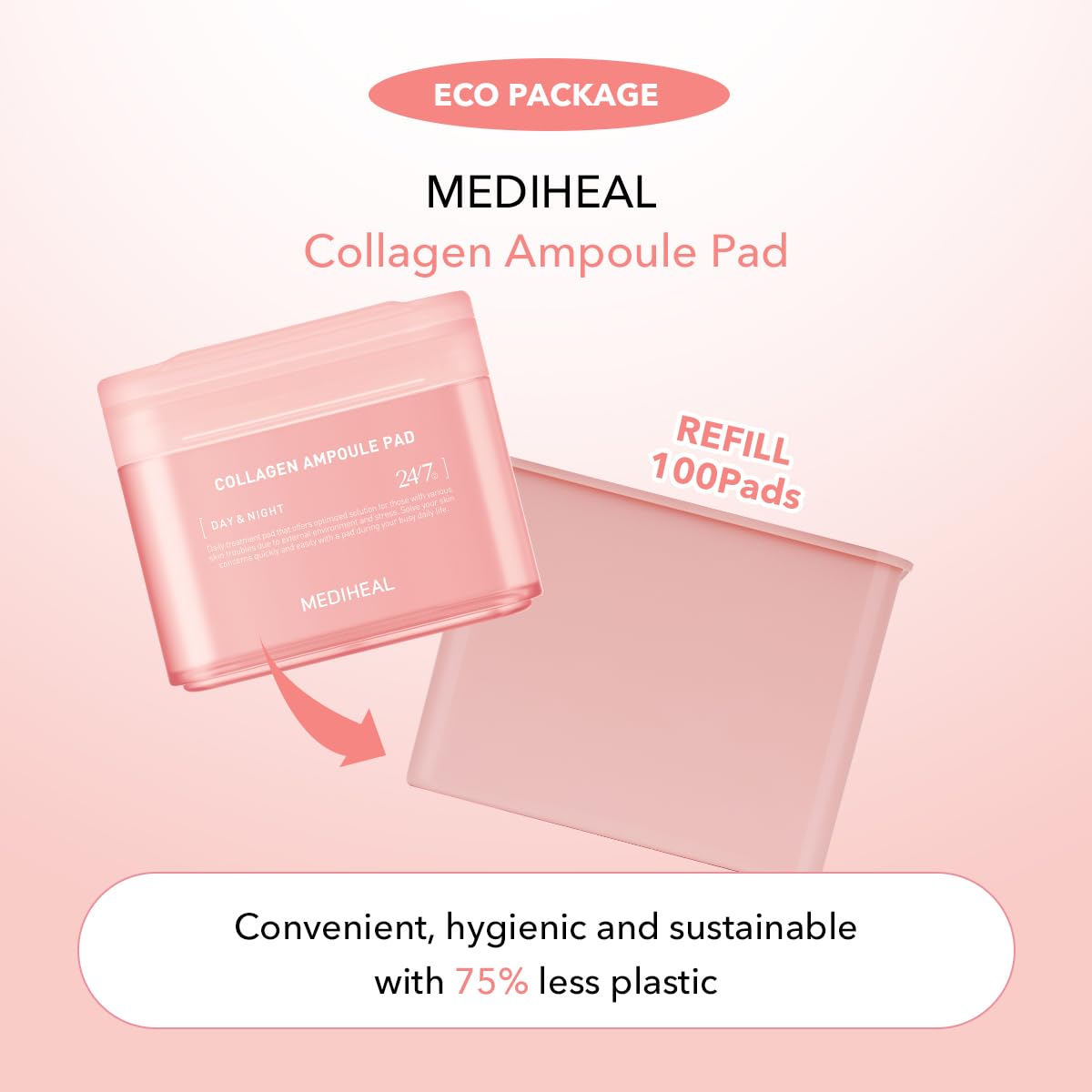 (Only Refill) Mediheal Collagen Ampoule Pad (100 Pads) - Cotton Facial Toner Pads for Skin Firming & Restore Elasticity - Vegan Eco Silk Pad