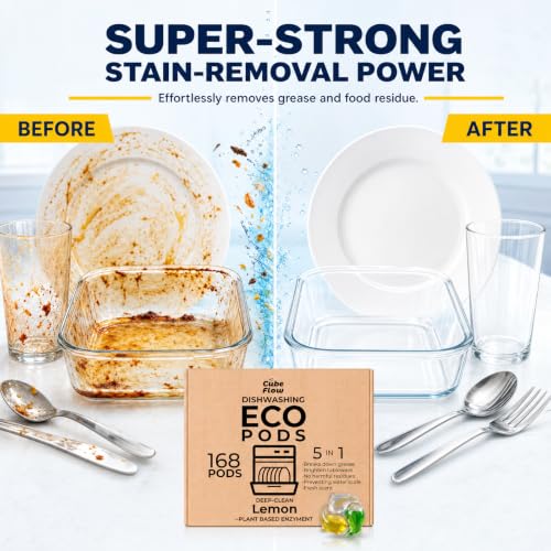 CUBEFLOW ECO Dishwasher Pods 168 Count - 0.47 fl oz each, with Glycerin & Protease/Amylase Enzymes