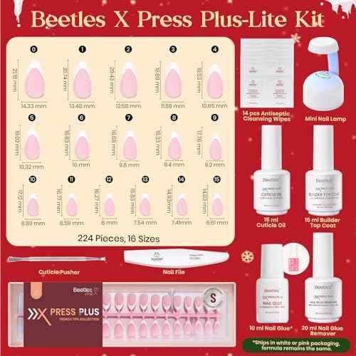 Beetles X Press Kit Gel Nail Kit, Press On Nails Short Almond Kit with 224Pcs French Nail Tips Nail Glue & Remover Builder Top Coat Mini Nail Lamp All-in-One DIY Nail Kit Gift for Women