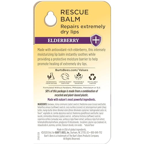 Burt's Bees Rescue Balm Elderberry Lip Balm, With Antioxidant-Rich Elderberry, Tint-Free, Natural Origin Lip Care, 1 Tube, 0.15 oz.