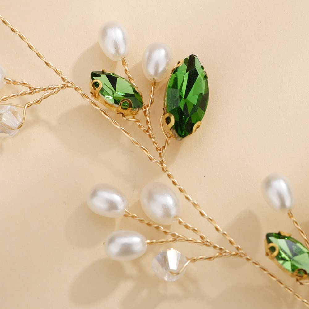 Teyglen Dainty Wedding Bride Rhinestones Pearls Headband Hair Vine Simple Handmade Bridal Green Crystal Headband Wedding Headpieces Hair Accessories for Women Girl (Green)