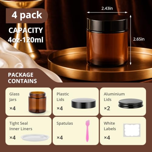 4 oz Amber Glass Jars with Lids, 4 Pack Airtight