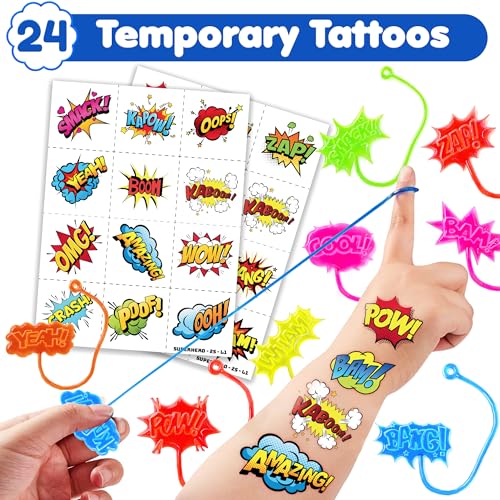 48 PCS Comic Hero Party Favors - Sticky Hands & Tattoos