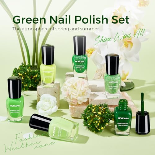 Morovan Green Nail Polish Set - Quick-Dry Glitter Shades for Summer