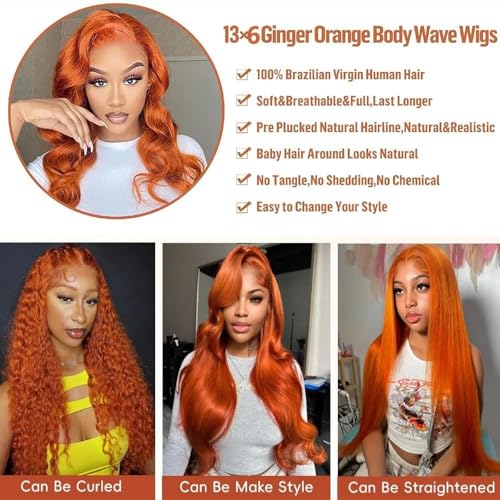 Ginger Orange 13x6 Body Wave Lace Front Wig 34" Human Hair